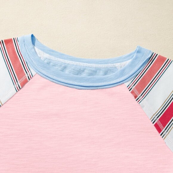 B354 Pink Color Block Round Neck Exposed Seam Patchwork Striped Long Sleeve Top - Picture 6 of 11